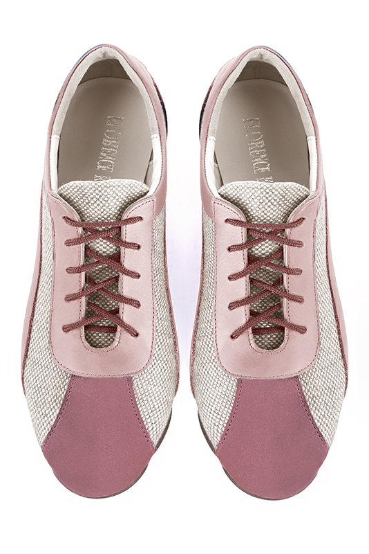 Dusty rose pink and off white women's open back shoes. Round toe. Flat rubber soles. Top view - Florence KOOIJMAN